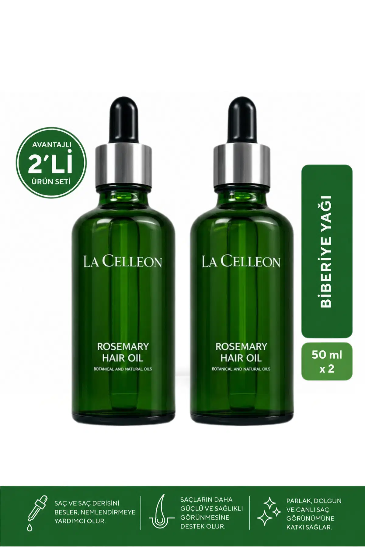 LA CELLEON 2'li Biberiye Saç Yağı Complex 50 ml x 2 | Biotin, Hint Yağı ve Vitamin E Kompleksi