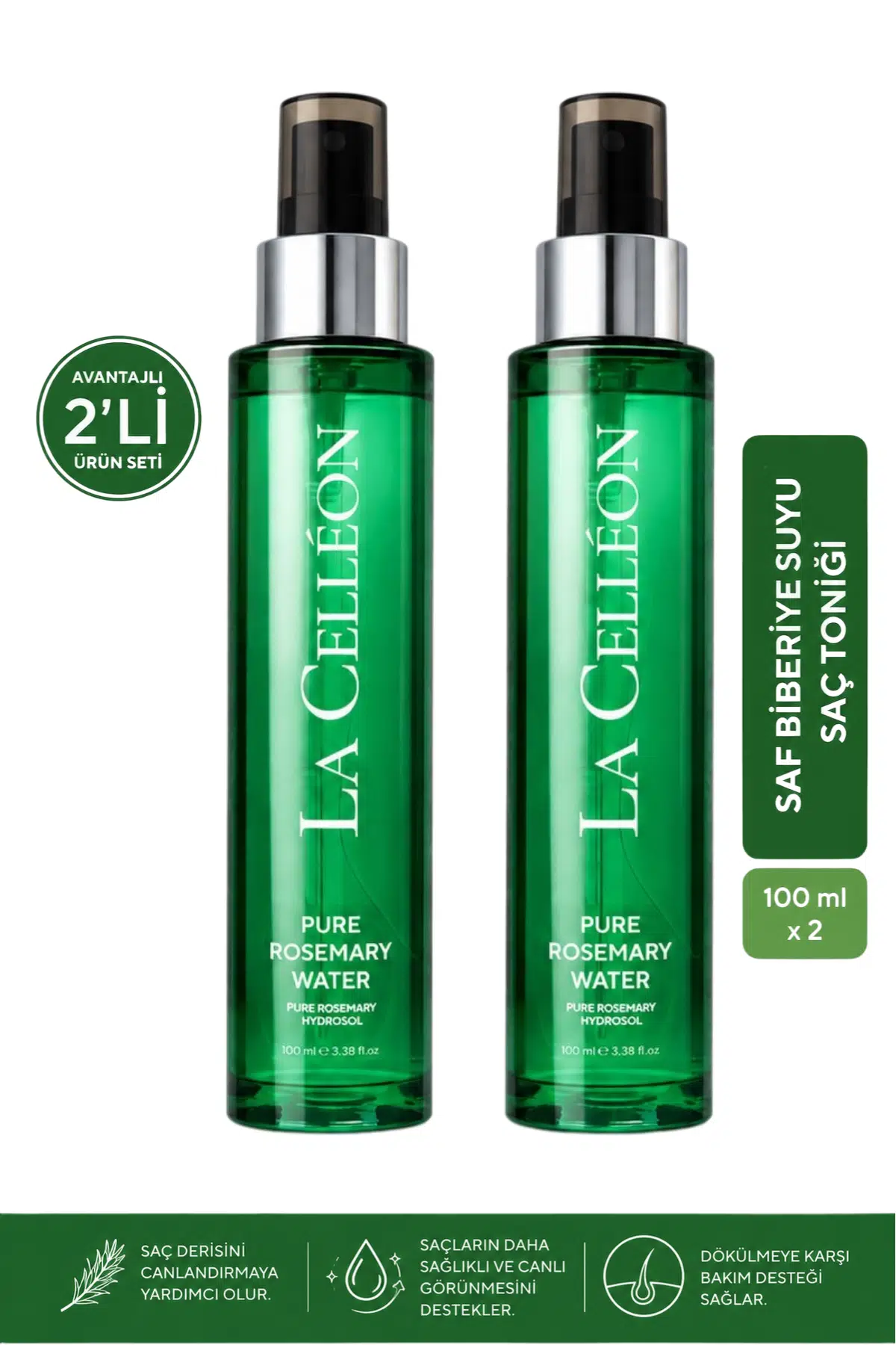 LA CELLEON 2'li %100 Doğal Saf Biberiye Suyu Saç Toniği 100 ml x 2 | Dökülme Karşıtı
